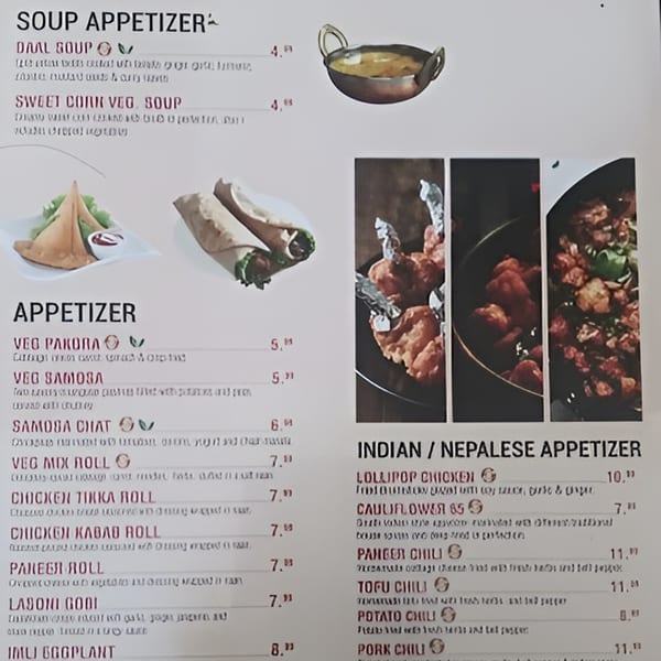 A menu for Makalu Himalayan Sherpa Restaurant, featuring Indian and Nepalese appetizers and soups.