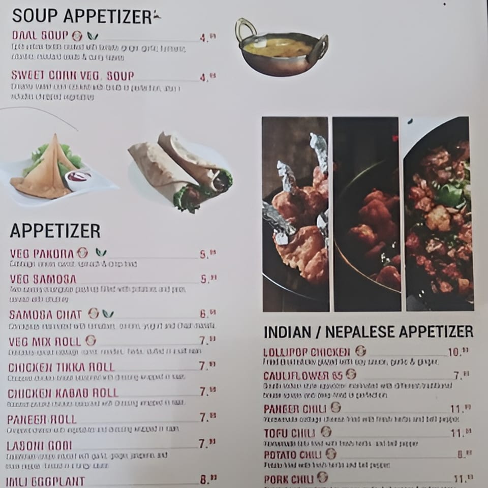 A menu for Makalu Himalayan Sherpa Restaurant, featuring Indian and Nepalese appetizers and soups.